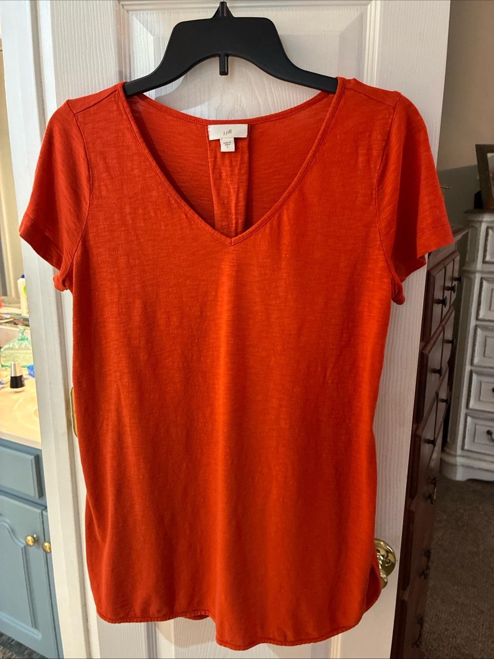 J Jill Orange Rust V-Neck Short Sleeve Round Hem Back Pleat Top SZ S